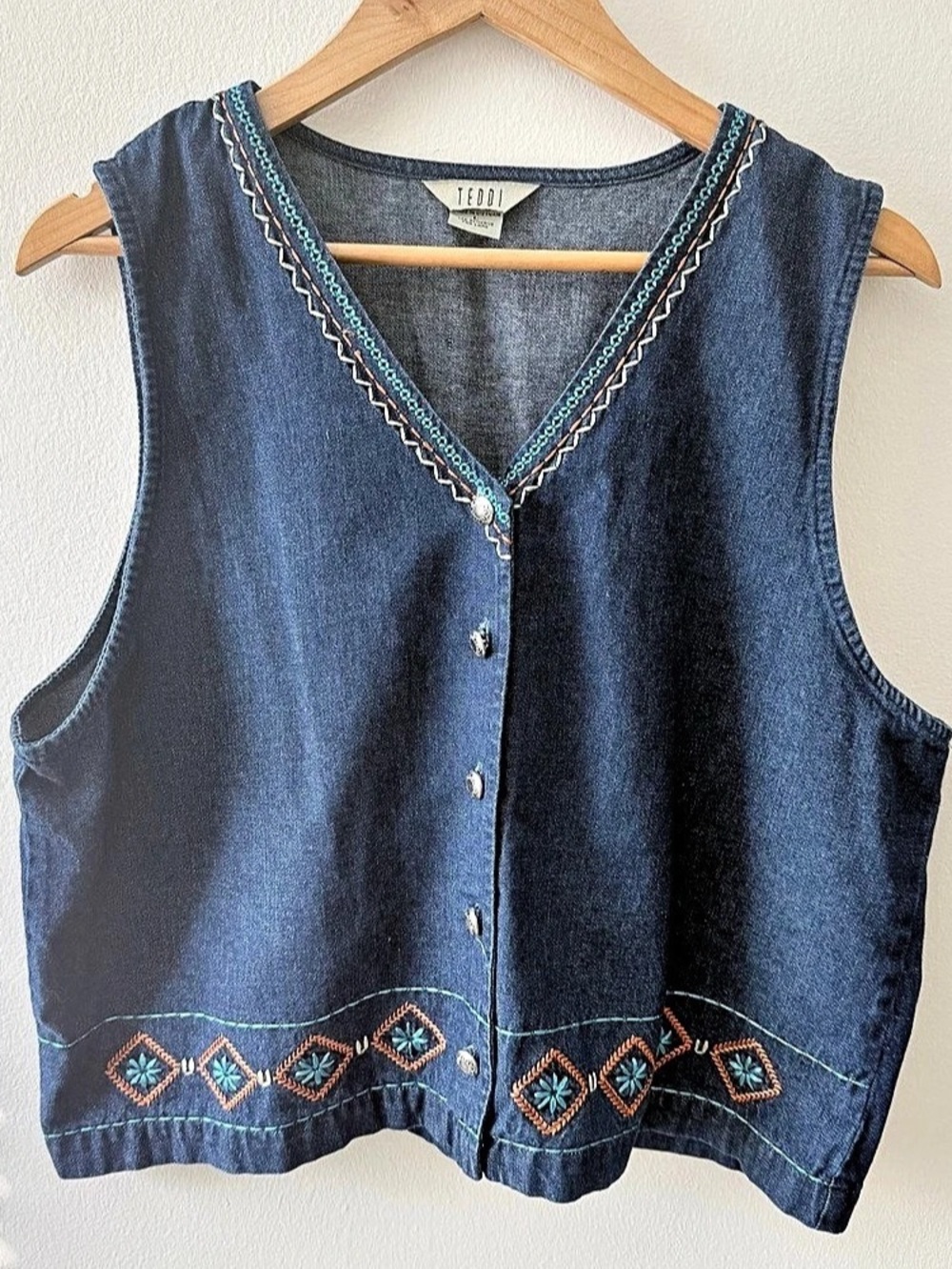 TEDDI Blue Embroidered Denim Vest Boho Cowgirl Grannycore